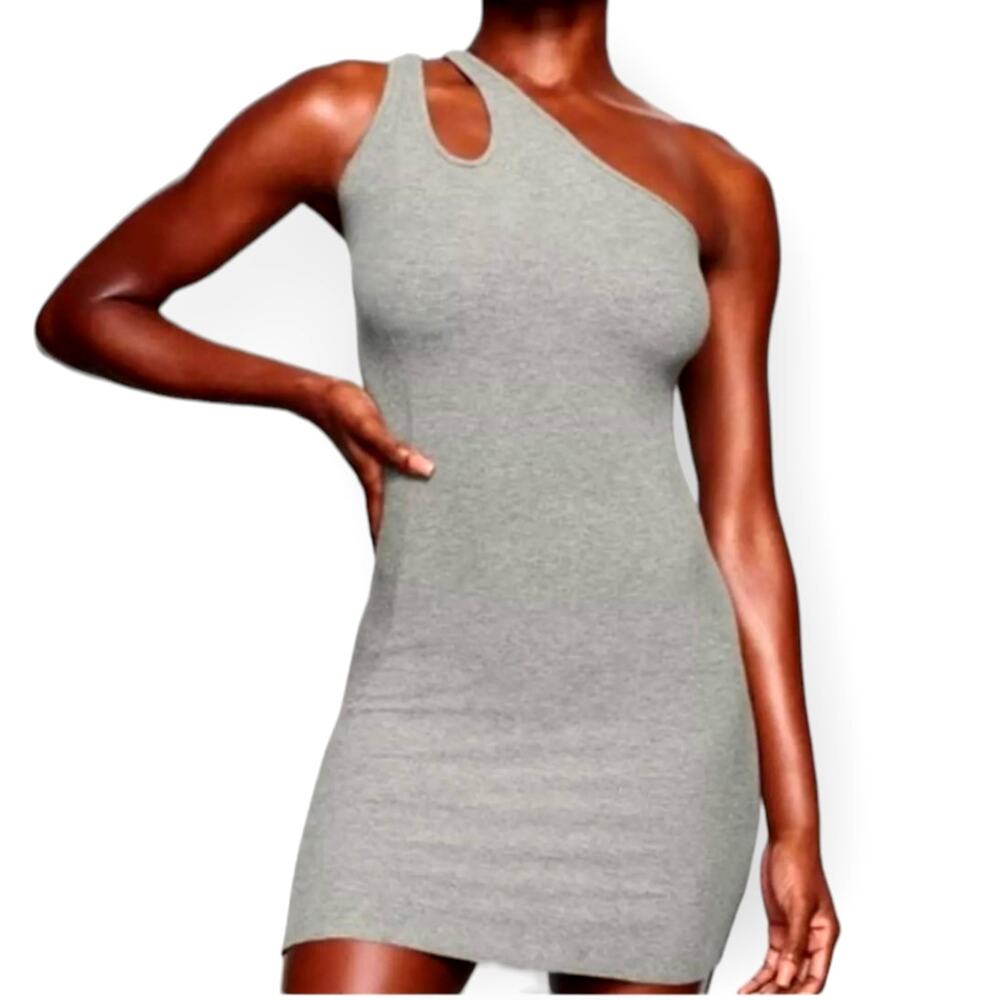 SKIMS Soft Lounge Ribbed Knit Cut Out One Shoulder Mini Dress S Asymmetric Soft
